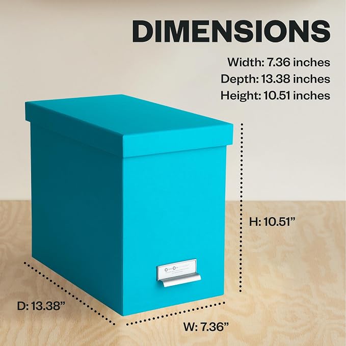 Bigso John Fiberboard Label Frame Desktop File Storage Box - Document Organizer for Important Paperwork - Durable Hanging File Box with a Lid & Metal Label Window - 7.36 x 13.38 x 10.51 in - Turquoise