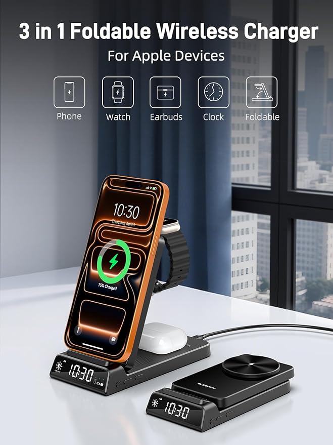 3 in 1 Charging Station for Apple, Magnetic Charger for iPhone, Foldable Wireless Charger with Clock, Travel Watch Charger Stand for iPhone 17/Air/16/15 Series, iWatch 10/AirPods 4 (Black)