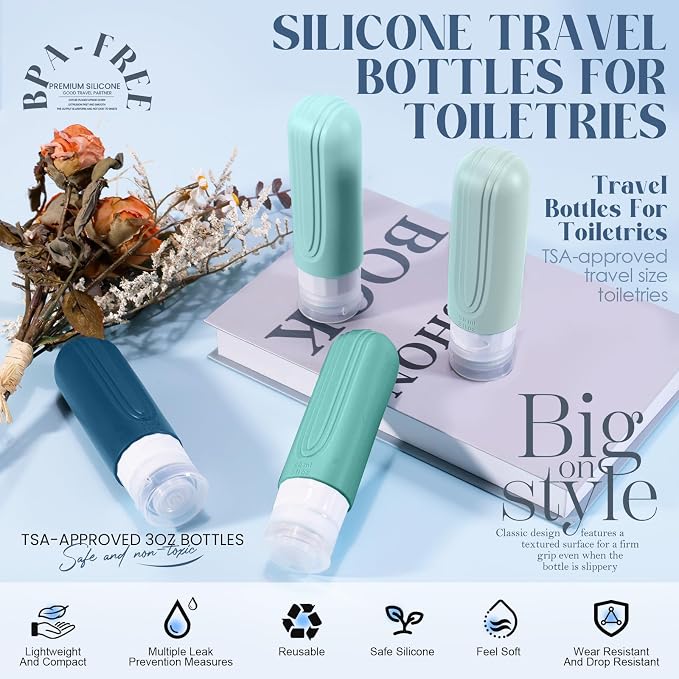 Travel Bottles for Toiletries, 3oz TSA Approved Travel Size Toiletries, Silicone Leak-Proof Refillable Containers, Squeezable Liquid Essentials Bottles W/Clear Bag (GREEN)