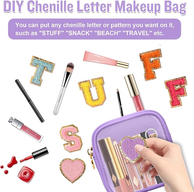 Mini Clear Travel Makeup Organizer Bag for Purse, Small Cute Makeup Bag Preppy Cosmetic Zipper Pouch Purse, Transparent PVC & Nylon Travel Coin Pouch Sanitary Napkin Storage Bag for Women Girl(Purple)