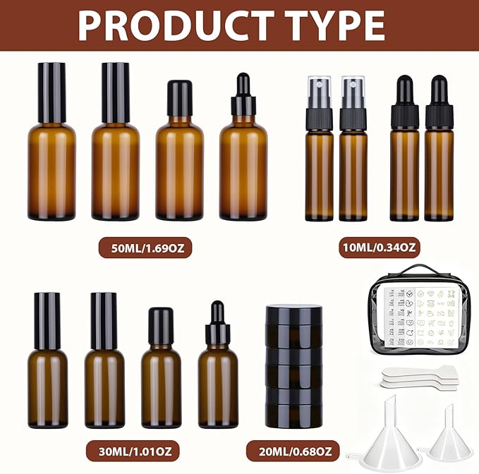 29 Pack TSA Approved Glass Travel Skincare Containers,Toiletry Bag，1.7/1/0.7/0.5/0.3oz Refillable Traveling Size Containers with Pump, Jars & Essential Oil Bottle , Leak-Proof for Creams & Liquids