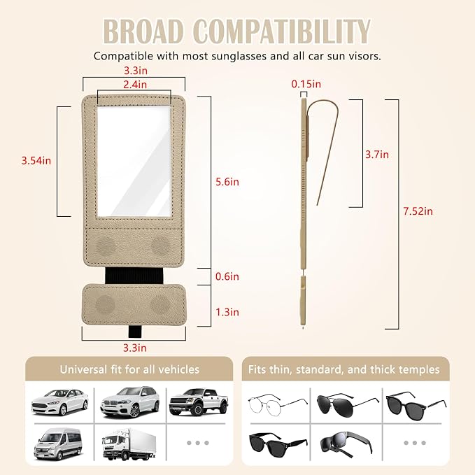 Magnetic 2-in-1 Sunglass & Photo Holder for Car Visor, Leather Anti-Slip No-Fall No-Slide, Fits SUV Truck RV