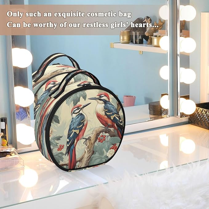 senya Round Cosmetic Pouch Travel Makeup Train Case Vintage Birds Makeup Organizer Bag with Adjustable Dividers Portable for Cosmetics Makeup Brushes Toiletry Jewelry Accessories
