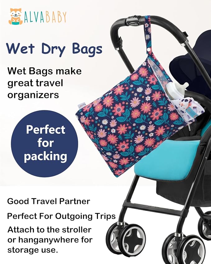 ALVA ALVABABY 3pcs Medium Cloth Diaper Wet Dry Bags Waterproof Reusable with Two Zippered Pockets Travel Beach Pool Daycare Soiled Baby Items Yoga Gym Bag for Swimsuits or Wet Clothes 3L-ZM41