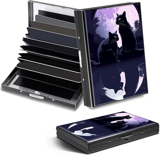 Credit Card Holder, Black Cat and Moon Design Mini RFID Blocking Aluminum Wallet Slim Metal Hard Case Shell Travel Wallet ID Case Small Credit Cards Case Business Cards for Women Men Girls