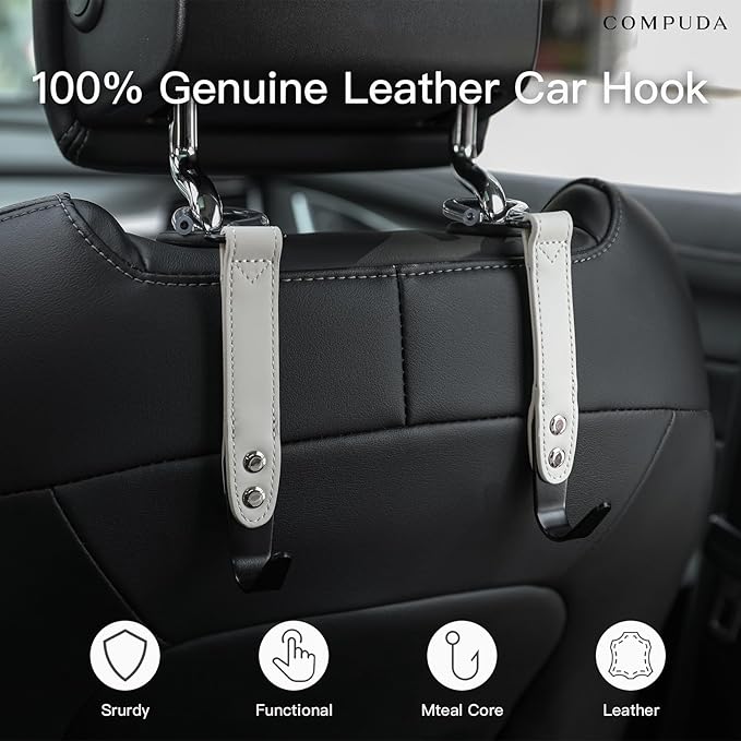 Car Headrest Hook 2 Pack Car Hook Holder Leather Headrest Hooks for Purses and Bags,SUS304 Car Hook (Grey)
