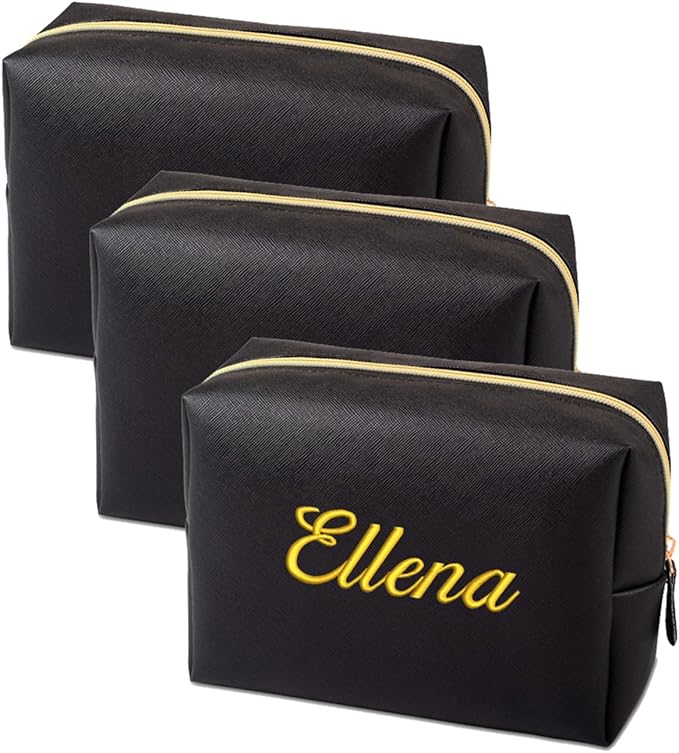 GOPHIE Embroidered Large Make up Bag,Personalized Skincare Bag,Cosmetic Travel Bags for Women Gift For Wedding,Set of 3, Black
