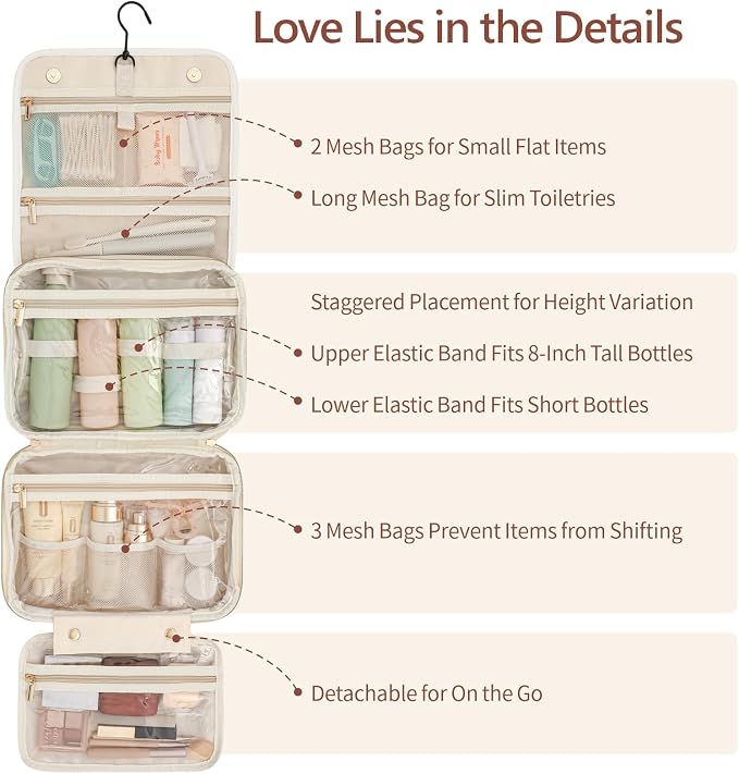 PACKISM Hanging Travel Toiletry Bag for Women - Fabric Travel Makeup Organizer with Detachable Makeup Bag and 4 Smart Large Compartments, for Full-Sized Toiletries, Off White (M)