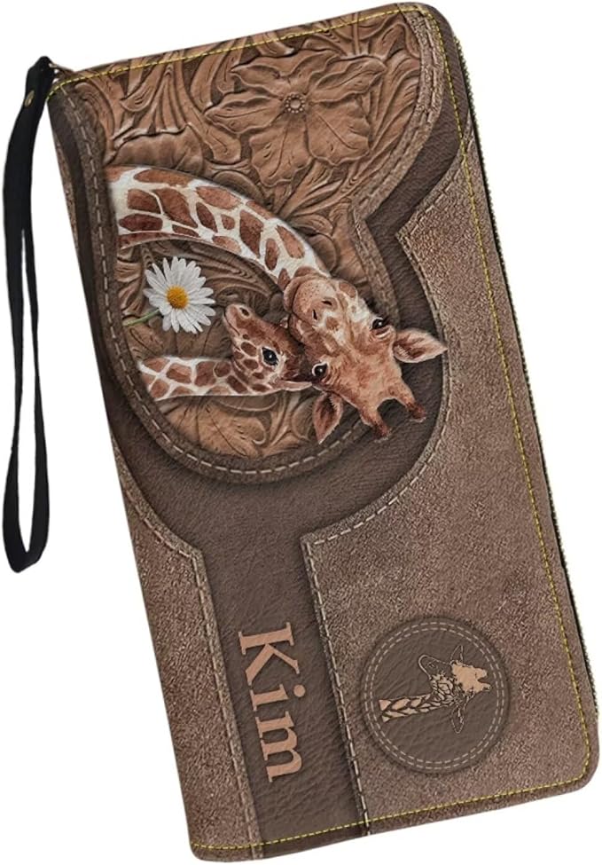Bulopur PU Leather Wallet for Women Custom Name Small Wallet Purse Giraffe Wristlet Wallets Waterproof Rifd Blocking Cash ID Card Holder Clutch Purses for Shopping Travel Personalized Gifts for Sister