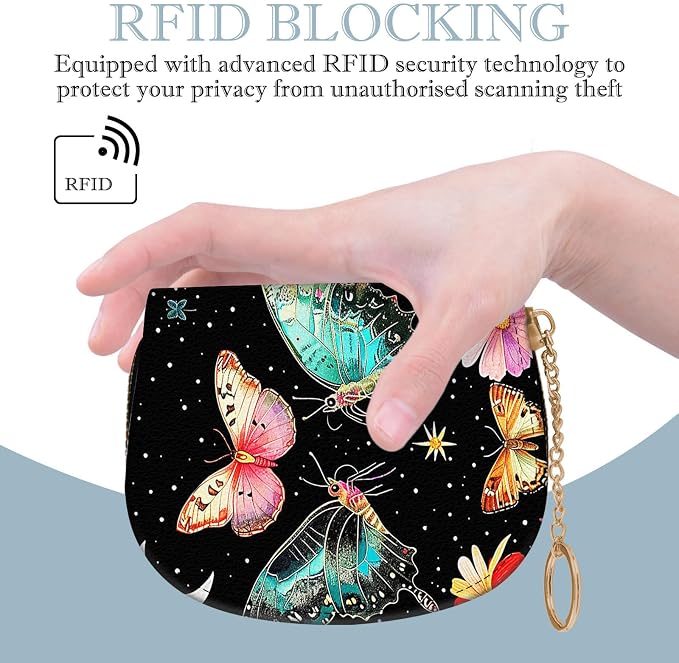 Women's Slim RFID Wallet – Compact Leather Card Holder Wallet for Women, 9 Card Slots RFID Blocking Credit Card Organizer, Small Travel Wallet - Butterfly Moon Flower