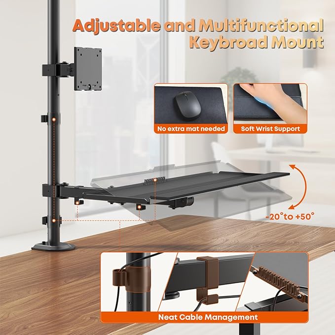 PUTORSEN 49''Monitor Arm with Keyboard Tray, Sit Stand Monitor Desk Mount, 44 lbs Monitor& 19.8 lbs Tray Capacity, C-Clamp & Grommet Mount,Standing Workstation Option