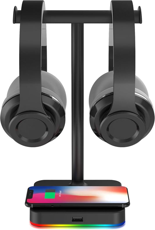 KAFRI RGB Dual Headphone Stand with Wireless Charger Desk Gaming Double Headset Holder Hanger Rack with 10W/7.5W QI Charging Pad and QC 3.0 USB Port - Suitable for Gamer Desktop Table Game Earphone
