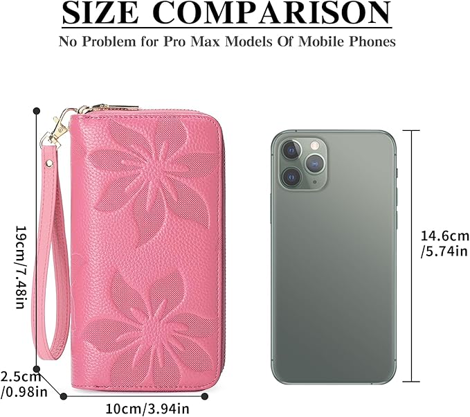 GOIACII Women's Wallet Large Capacity Double Zip Ladies Card Phone Holder RFID Blocking Wristlet Leather