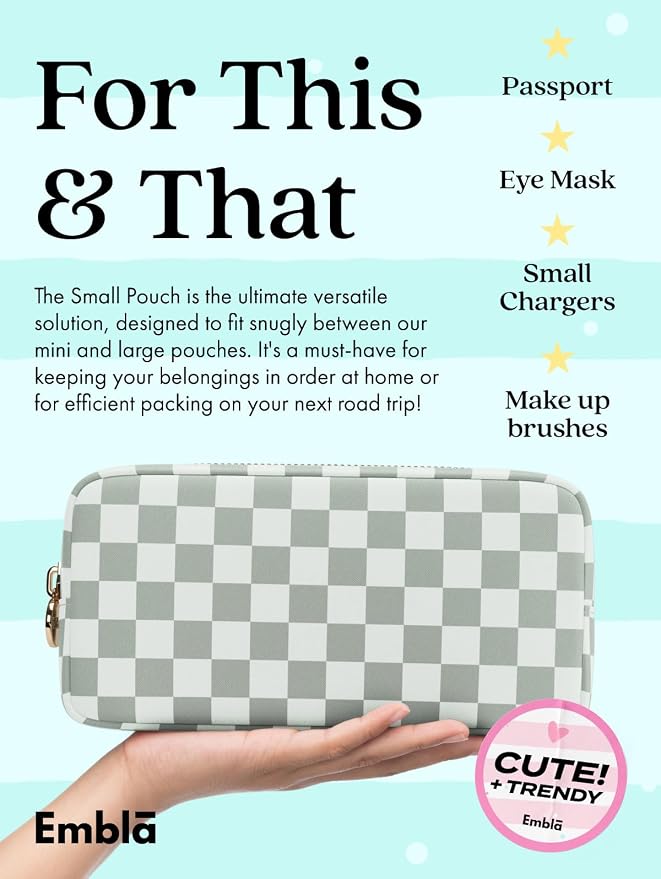 Embla Makeup Bag Travel Cosmetics Pouch and Toiletry Bag, Nylon Zipper Pouch Purse, Cute Make Up Organizer Storage Tote for Women Girls,Travel Skincare Case, Small Makeup Case, Mint Green Checkered