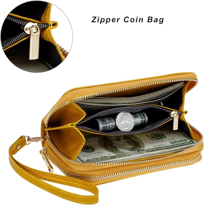 Cellphone Wallet for Women Dual Zipper Long Purse with Removable Wristlet