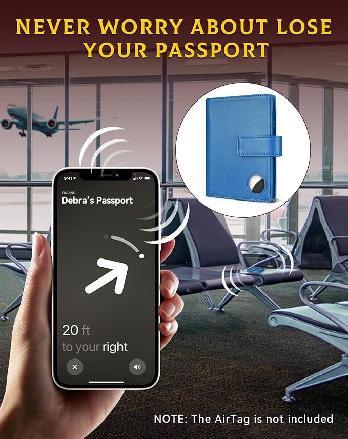 Passport Holder Wallet Cover Case for Women and Men,RFID Blocking,Passport Case with AirTag Slot,Travel Accessories (Blue)