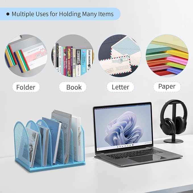 Gawerk 5-Section Vertical Desktop Organizer, 5-Section Mesh File Folder Stand Sorter for Office Home Classroom Organization (1, Blue)