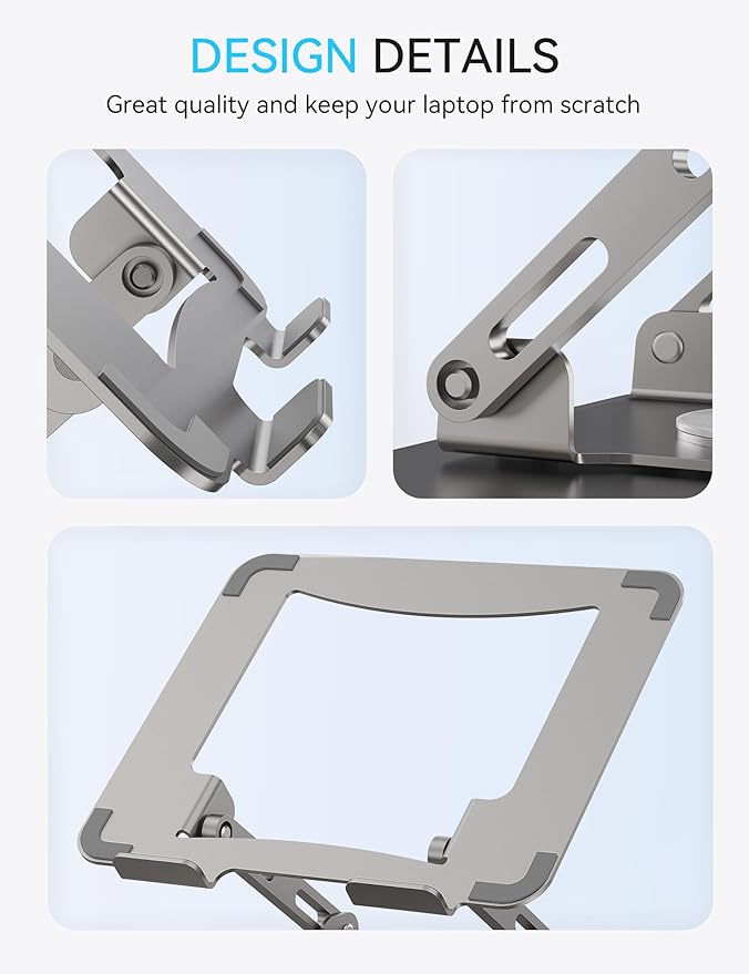SOUNDANCE 360 Rotating Laptop Stand, Ergonomic Computer Riser for Desk, Adjustable Height Multi-Angle Metal Holder, Foldable Portable Notebook Elevating Base for Office & Home, Silver Grey