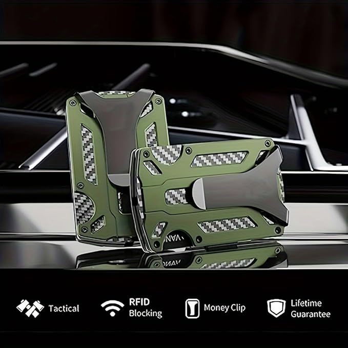 CCidea Mens Card Holder with Money Clip, Christmas Gifts for Men, Slim Minimalist Wallet for Men, Anti-scratch Carbon Fiber Wallet with RFID Blocking- Holds up to 12 Cards and 8 Bills (Green)