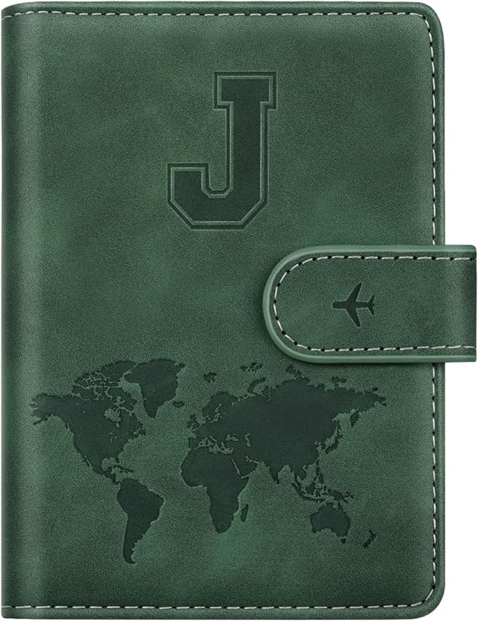 Personalized J Passport Holder Cover Initial Letter Travel Wallet RFID Blocking Passport Cover Credit Card Holder Case Passport Book Holders for Women and Men, Pine Green-J