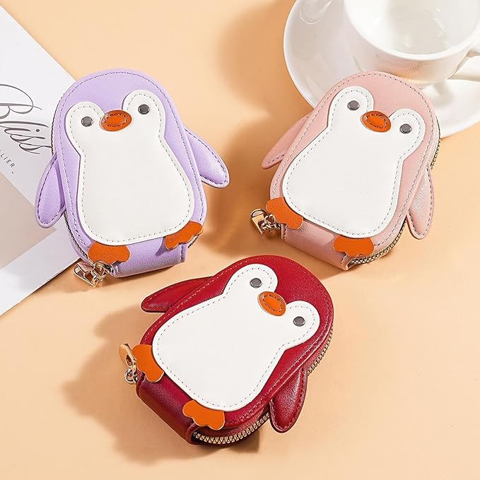 Cute Cartoon Penguin-shaped Coin Purse PU Leather Accordion Card Holder Large Capacity Zippered Money and Card Organizer Portable Mini Coin Purse (Purple)
