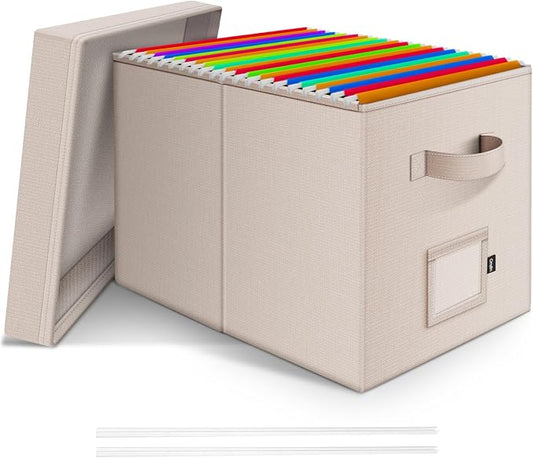 File Organizer Box with Lid, Linen Hanging File Storage Box with Handle, Collapsible Document Filling Box for Letter/Legal Folder, Portable File Box for Office/Decor/Home (1 Pack, Ivory)