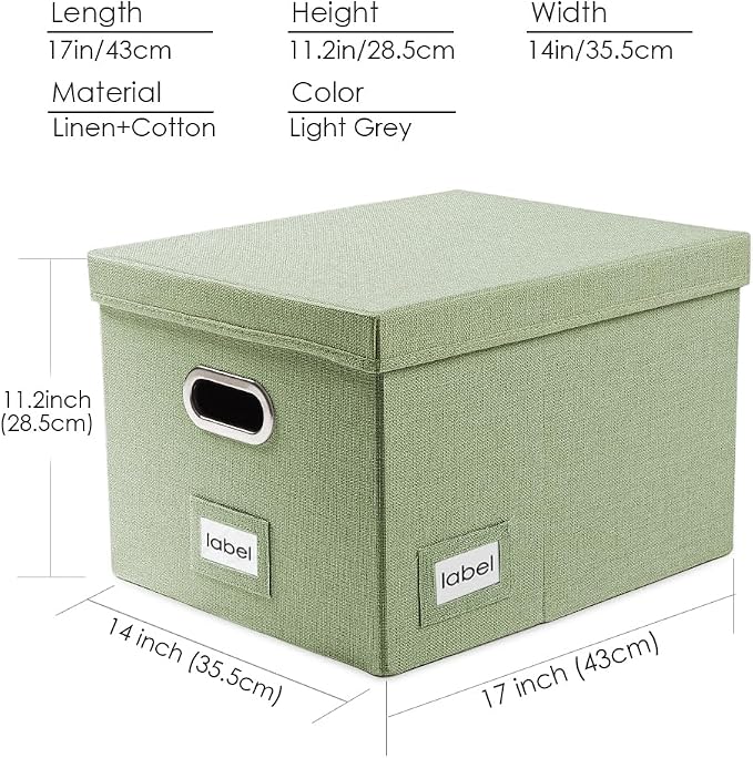 PRANDOM File Organizer Box - Set of 4 Collapsible Decorative Linen Filing Storage Hanging File Folders with Lids Office Cabinet Letter/Legal Size Green 17.1x14x11.1 inch