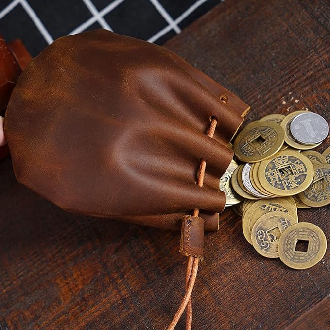 1 Pcs Mini Leather Drawstring Coin Purse Vintage Leather Coin Bag, Coin Organizer, Change Holder,Leather Drawstring Pouch for Men & Women