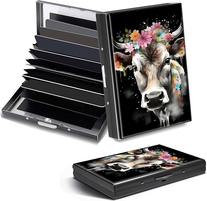 Credit Card Holder, Watercolor Cow Design Mini RFID Blocking Aluminum Wallet Slim Metal Hard Case Shell Travel Wallet ID Case Small Credit Cards Case Business Cards for Women Men Girls