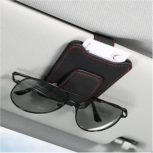 Sunglass Holder for Car Visor, Magnetic Leather Vehicle Eyeglass Hanger Holder, Automotive Interior Sun Visor Glasses Ticket Card Organizer Clip, Universal for SUV RV Lorry (Black)