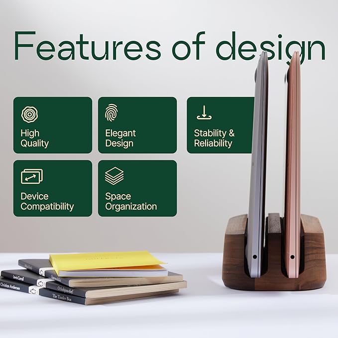 THEHRDWOOD Dual Laptop Stand Vertical Laptop Holder for Desk - All MacBook Vertical Stand up to 0.7'' Thick - Notebook Stand Handmade of Natural Wood - MacBook Holder (Dual Oak)