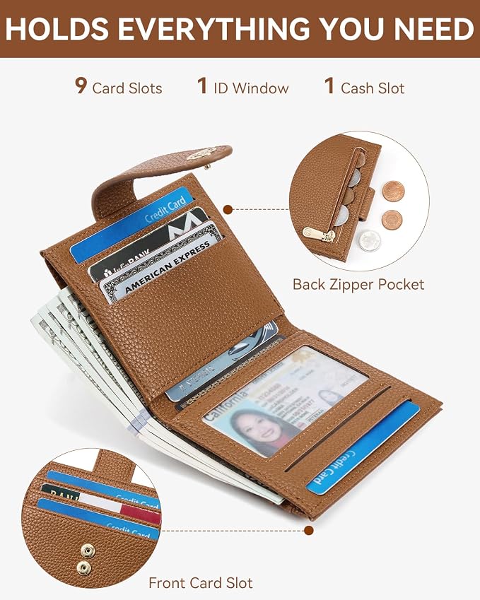 BOSTANTEN Slim Wallet for Women Small RFID Blocking Credit Card Holder Leather Bifold Wallets with Zipper Coin Pocket Brown