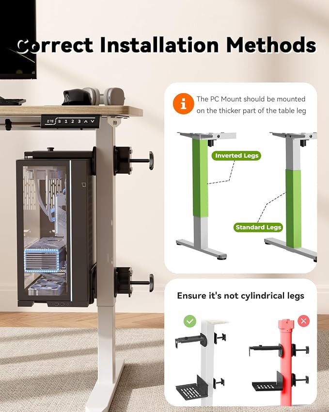 JOY worker Under Desk PC Mount for Standing Desk, Clamp-On Desk Leg Computer Mount, No Drilling, Adjustable Computer Case CPU Holder Holds Up to 44lbs, Black PC Tower Mount