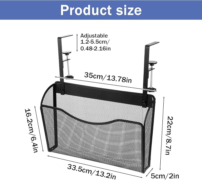 Under Desk Drawer Clamp On Mesh Metal Desk Side Storage Hanging Organizer with Adjustable F-Clamp for Office Home, Black