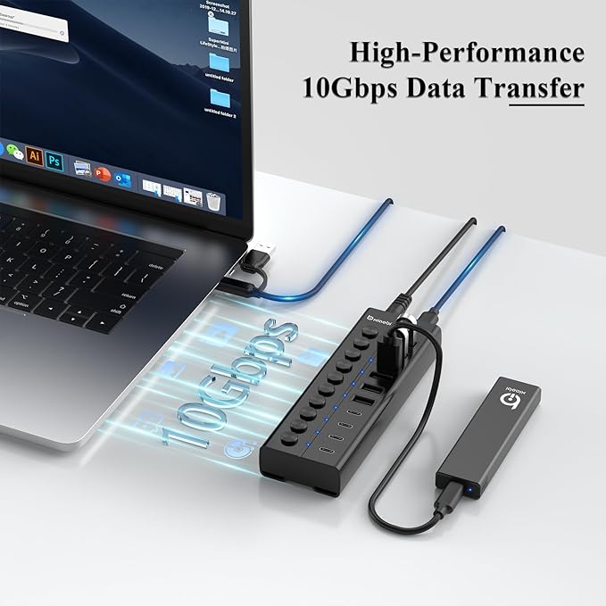 Powered USB Hub, 10-Port USB C Hub with 6 USB-A 3.2, 4 USB-C 3.2 Ports, Individual Switches and 12V/5A Power Adapter, Aluminum USB Extension for MacBook, Laptop/PC and More(Black)