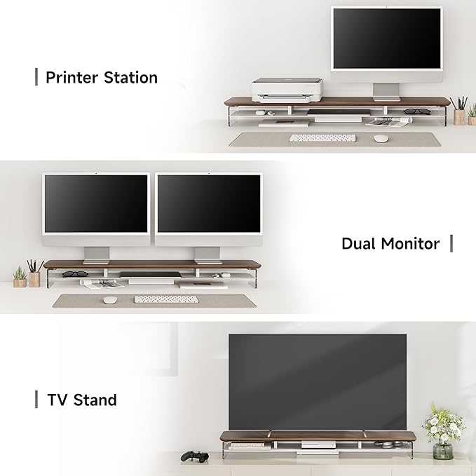 Fenge Acrylic Monitor Stand, 42.5 Inch Clear Dual Monitor Riser with Metal Storage, 2 Tier Computer Riser with LED Lights for Desk, Laptop, Printer, TV