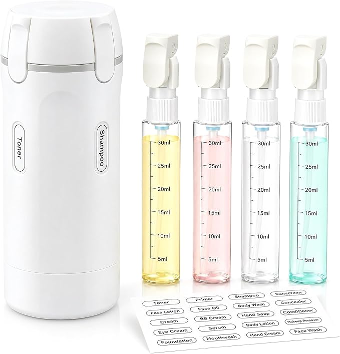 4 in 1 Travel Dispenser Bottle, 4 Pack 30ML Travel Bottles for Toiletries, Leakproof Refillable Pump Containers, TSA Approved Travel Size for Shampoo Lotion Conditioner, Travel Essentials