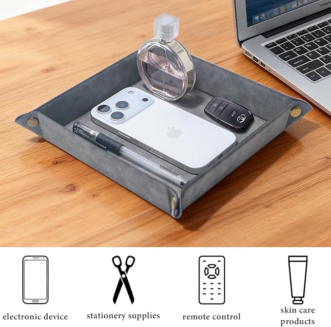 Valet Tray Desktop Storage Organizer – Premium PU Leather Catchall Bedside Vanity Tray Nightstand Caddy Holder for Remote Controller, Keys, Phone, Wallet, Coin, Jewelry,Grey