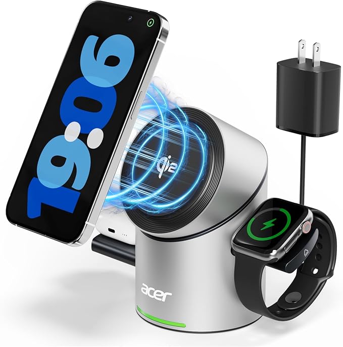 Acer Prime 3 in 1 Charging Station for Apple - Magnetic iPhone Wireless Charging Station, Magsafe Charger Stand for iPhone 17 16 15 14 13 12 - Apple Watch - Airpods Series (Charger & USB-C Included)