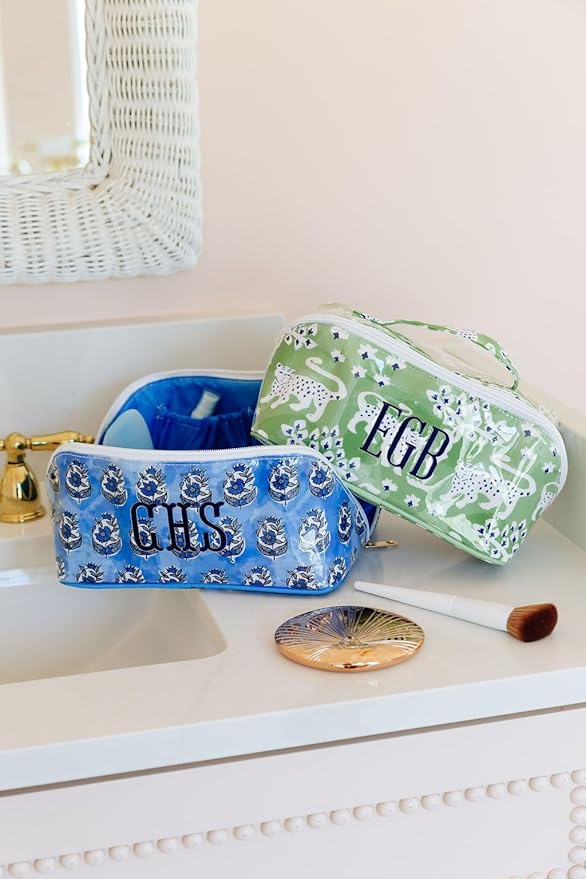 Personalized Flat Lay Makeup Bag - Clear-Coated Embroidered Cosmetic Organizer, Monogrammed Wide-Open Travel Pouch with Easy-Access Interior, Handmade Gift for Women (Pink Lotus)