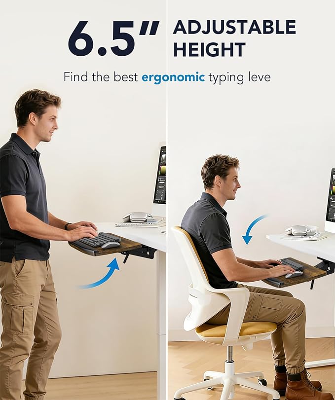 AX WABER Keyboard Tray Under Desk with Storage Drawer, Height Adjustable Keyboard Tray Slide Out 360° Swivel Tilt, Ergonomic Under Desk Mount Keyboard & Mouse Holder for Gaming Home Office, Vintage
