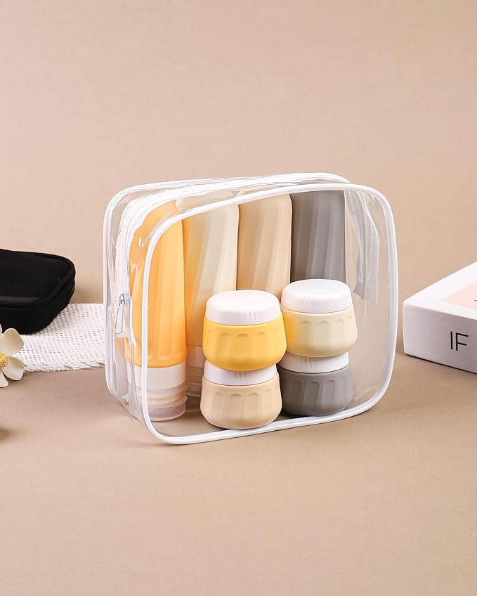 Mrsdry Travel Size Toiletries 8 Pack, TSA Approved 3oz/1oz Silicone Squeezable Creams Jars with Clear Travel Bag