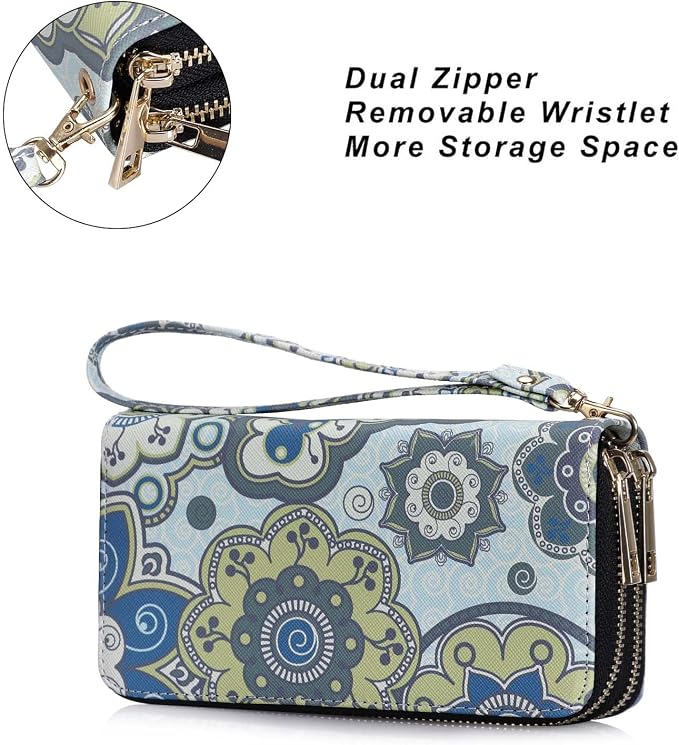 Cellphone Wallet for Women Dual Zipper Long Purse with Removable Wristlet