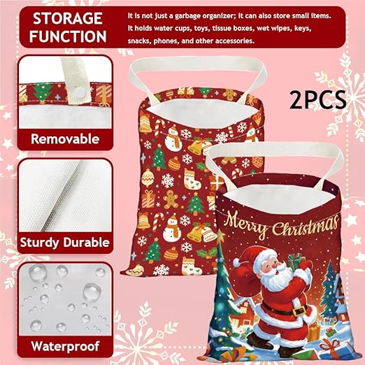 2PCS Santa Claus Car Trash Bag Portable Waterproof Hanging Christmas Garbage Bag with Snap Buttons Back Seat Rubbish Storage Dustbin for Car Interior Accessories Kitchen Home Festival Gift