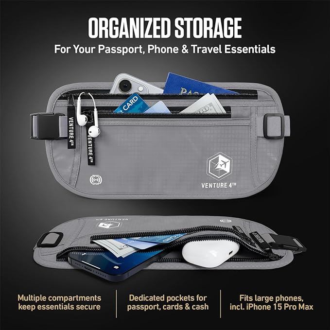 VENTURE 4TH Money Belt for Travel – Hidden Under-Clothes RFID Blocking Passport Holder & Slim Travel Wallet Pouch for Men & Women to Protect Cash, Cards & Documents (Silver)