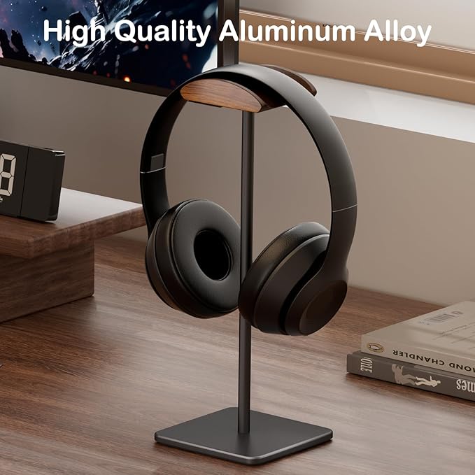 Headphone Stand for Desk - Headset Stand with Aluminum Hanger and Wooden Support, Headphone Holder for AirPods Max, Sony, Bose, Beats and More (Black)