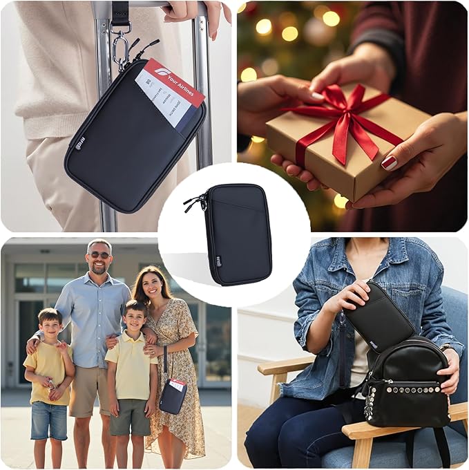family passport holder for 4 black passport wallet for travel passport cover rfid blocking for women waterproof wallet with zipper airtag passport case for men multiple passport bag