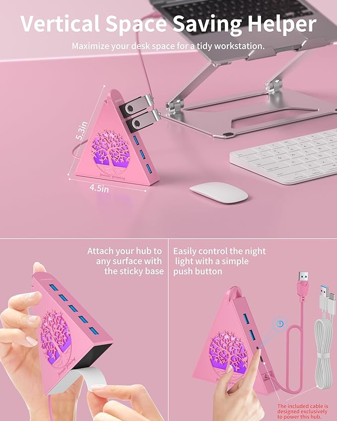 7-Port USB 3.0 Hub, RGB USB Hub with RGB Tree Light and 2ft Cable, USB Hub 3.0 Pink USB Expander for Laptop, PC, Flash Drive, HDD, Console, Printer, Keyboard, Mouse (Pink)