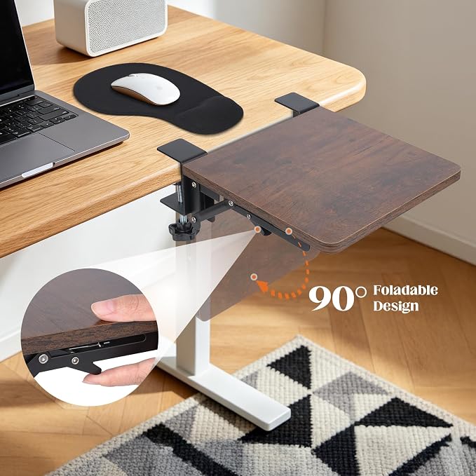 Ergonomics Foldable Desk Extender Tray with a Mouse Pad, 9"x9" Elbow Arm Rest with Clamp On Desktop Mount, 90° Foldable Armrest Support for Home and Office Use, Rustic Brown