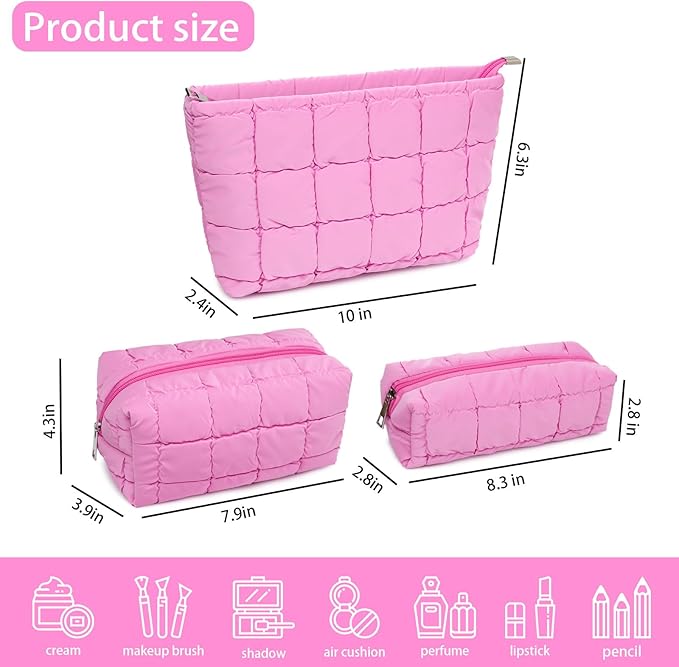 3Pcs Puffer Quilted Makeup Bag Travel Cosmetic Bag Set Portable Puffy Checkered Toiletry Pouch Skincare Organizer Purse Pencil Case (Rose Red)
